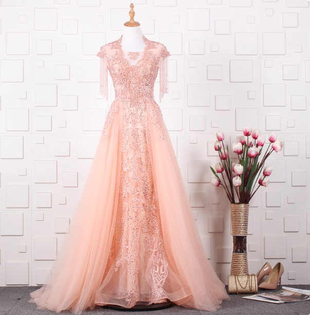 Elegant Court Grey Fringed Beaded Embroidered Tulle Train Formal Prom Dresses