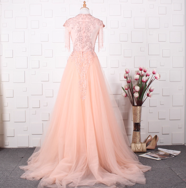 Elegant Court Grey Fringed Beaded Embroidered Tulle Train Formal Prom Dresses