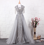 Elegant Court Grey Fringed Beaded Embroidered Tulle Train Formal Prom Dresses