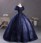 Elegant Court Navy Blue Crew Neck Puff Sleeve Embroidered Tulle Ball Gown Prom Dresses Sweet 16 Dresses