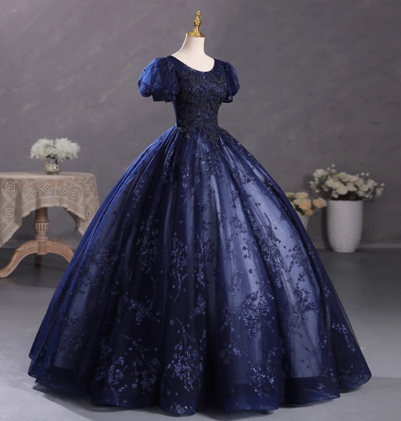 Elegant Court Navy Blue Crew Neck Puff Sleeve Embroidered Tulle Ball Gown Prom Dresses Sweet 16 Dresses