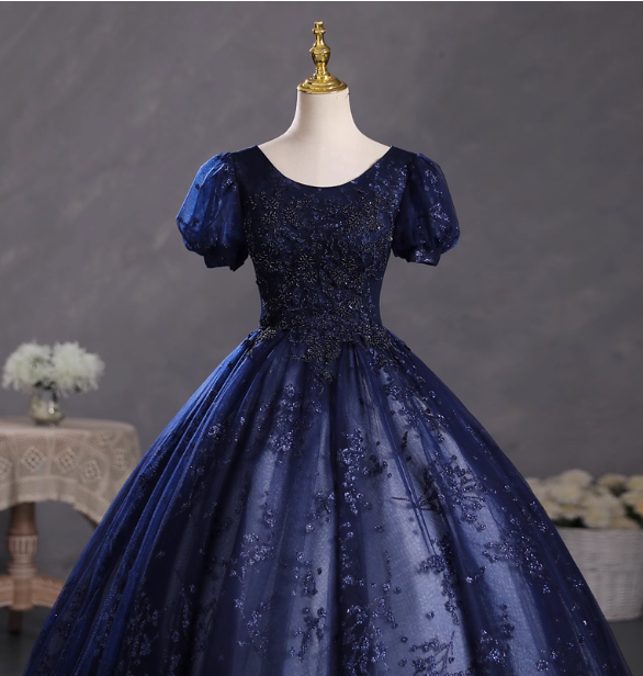 Elegant Court Navy Blue Crew Neck Puff Sleeve Embroidered Tulle Ball Gown Prom Dresses Sweet 16 Dresses