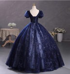 Elegant Court Navy Blue Crew Neck Puff Sleeve Embroidered Tulle Ball Gown Prom Dresses Sweet 16 Dresses