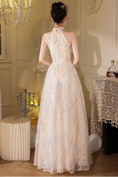Elegant Cream Apricot A-Line Halter Neck Sequin Embroidered Pearl Fringe Tulle Long Formal Prom Dresses