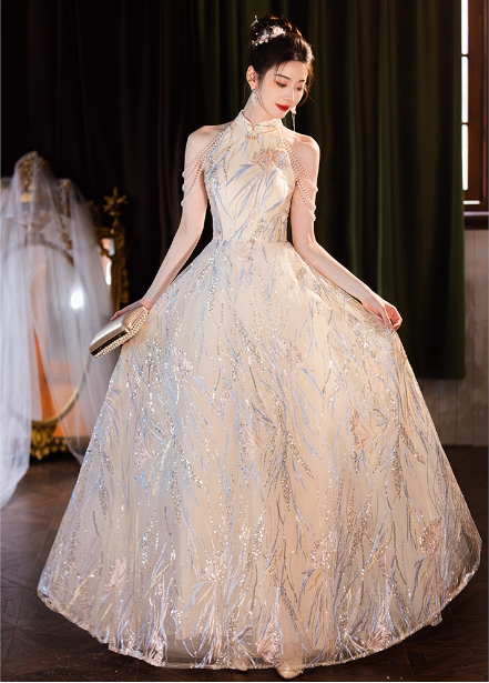 Elegant Cream Apricot A-Line Halter Neck Sequin Embroidered Pearl Fringe Tulle Long Formal Prom Dresses