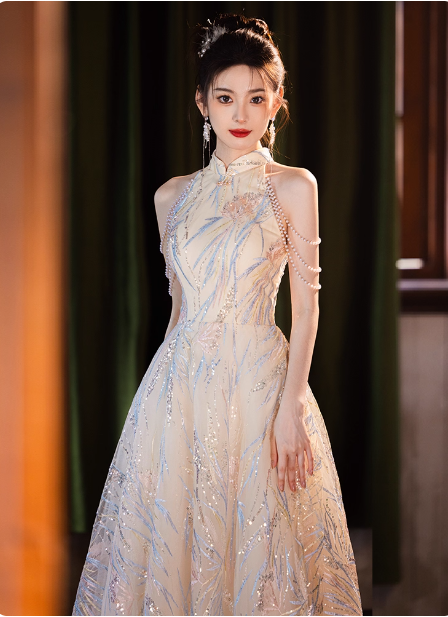 Elegant Cream Apricot A-Line Halter Neck Sequin Embroidered Pearl Fringe Tulle Long Formal Prom Dresses