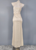 Elegant Cream Apricot Spaghetti Strap V-Neck Ruffled Satin Long Formal Prom Dresses Bridesmaid Dresses
