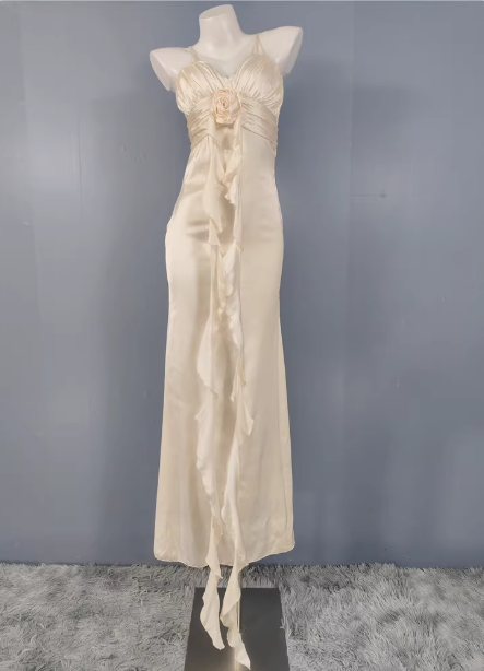Elegant Cream Apricot Spaghetti Strap V-Neck Ruffled Satin Long Formal Prom Dresses Bridesmaid Dresses Main image