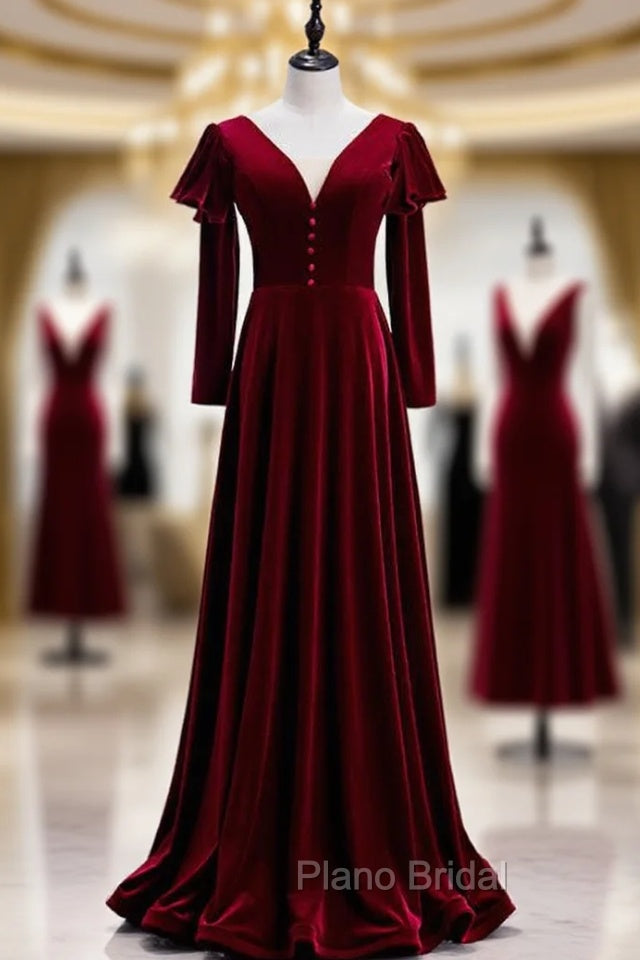 Elegant Dark Burgundy Velvet Long Sleeve Formal Prom Dresses