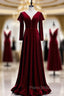 Elegant Dark Burgundy Velvet Long Sleeve Formal Prom Dresses
