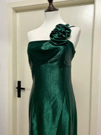 Elegant Dark Green 3D Floral One-Shoulder Satin Long Formal Prom Dresses