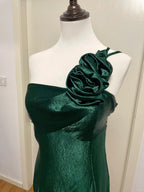 Elegant Dark Green 3D Floral One-Shoulder Satin Long Formal Prom Dresses