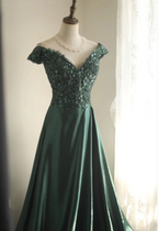 Elegant Dark Green A-Line Off-Shoulder Sequined Satin Long Formal Prom Dresses