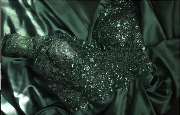 Elegant Dark Green A-Line Off-Shoulder Sequined Satin Long Formal Prom Dresses