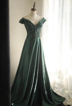 Elegant Dark Green A-Line Off-Shoulder Sequined Satin Long Formal Prom Dresses