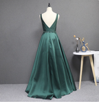 Elegant Dark Green A-Line Sleeveless Rhinestone Satin Long Formal Prom Dresses