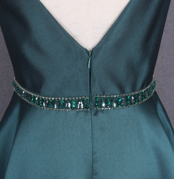 Elegant Dark Green A-Line Sleeveless Rhinestone Satin Long Formal Prom Dresses