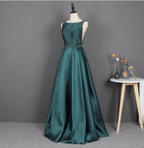 Elegant Dark Green A-Line Sleeveless Rhinestone Satin Long Formal Prom Dresses