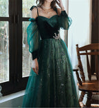 Elegant Dark Green Lace Gown Formal Prom Dresses,