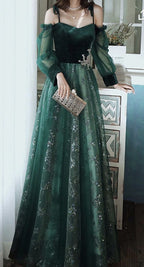 Elegant Dark Green Lace Gown Formal Prom Dresses,