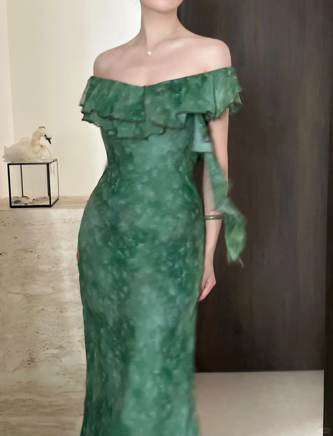 Elegant Dark Green Mermaid Ruffled Chiffon Long Formal Prom Dresses