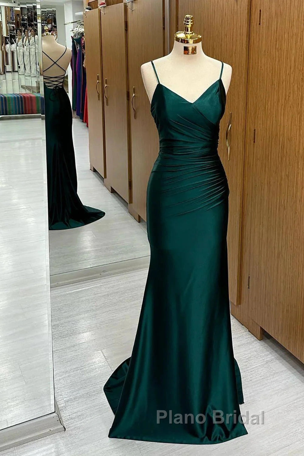 Elegant Dark Green Mermaid Spaghetti Strap Satin Long Formal Prom Dresses