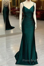 Elegant Dark Green Mermaid Spaghetti Strap Satin Long Formal Prom Dresses