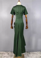Elegant Dark Green Ruffled V-Neck Asymmetrical Hem Satin Formal Prom Dresses