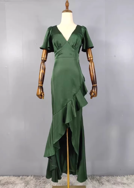 Elegant Dark Green Ruffled V-Neck Asymmetrical Hem Satin Formal Prom Dresses Main image