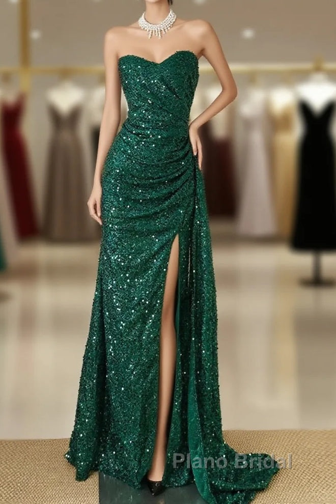 Elegant Dark Green Sweetheart Neck Mermaid Long Formal Prom Dresses Sequin Strapless Formal Evening Dresses Main image