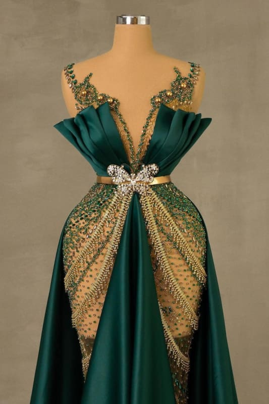 Elegant Dark Green V-Neck Luxury Beaded Mermaid Court Train Prom Dresses Secondary image