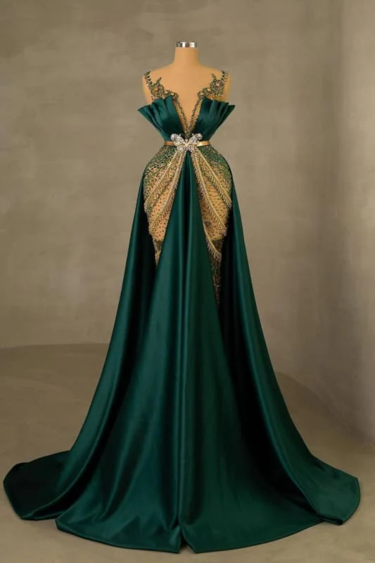 Elegant Dark Green V-Neck Luxury Beaded Mermaid Court Train Prom Dresses Main image