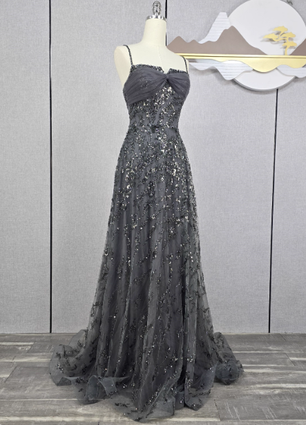 Elegant Dark Grey A-Line Spaghetti Strap Sequin Tulle Long Formal Prom Dresses Secondary image