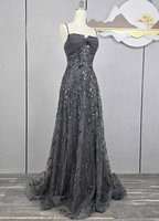 Elegant Dark Grey A-Line Spaghetti Strap Sequin Tulle Long Formal Prom Dresses
