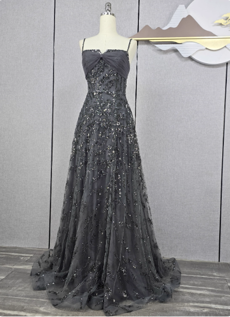 Elegant Dark Grey A-Line Spaghetti Strap Sequin Tulle Long Formal Prom Dresses
