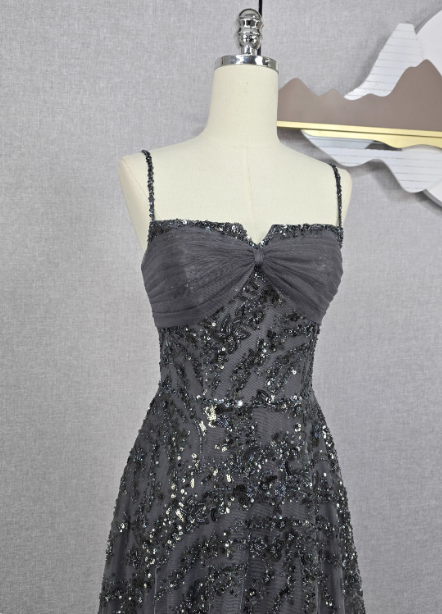 Elegant Dark Grey A-Line Spaghetti Strap Sequin Tulle Long Formal Prom Dresses