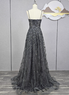 Elegant Dark Grey A-Line Spaghetti Strap Sequin Tulle Long Formal Prom Dresses