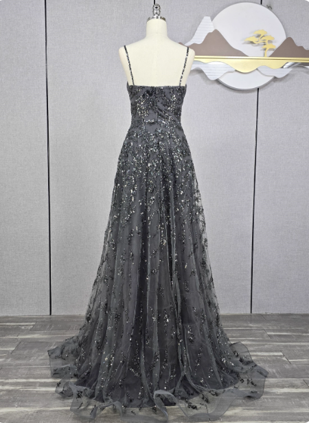 Elegant Dark Grey A-Line Spaghetti Strap Sequin Tulle Long Formal Prom Dresses