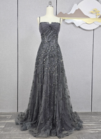Elegant Dark Grey A-Line Spaghetti Strap Sequin Tulle Long Formal Prom Dresses