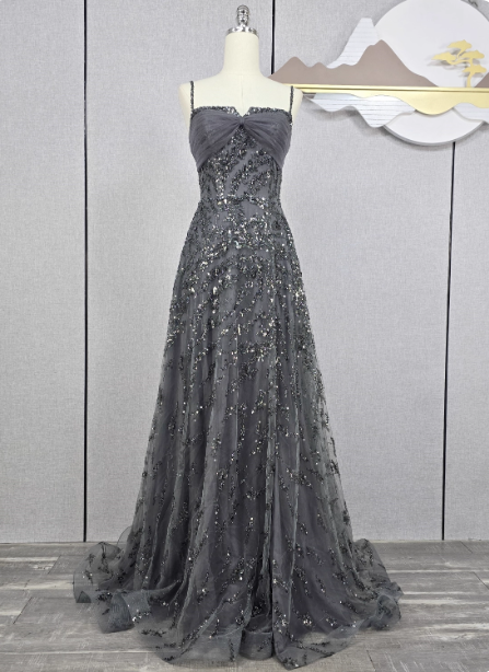 Elegant Dark Grey A-Line Spaghetti Strap Sequin Tulle Long Formal Prom Dresses