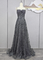 Elegant Dark Grey A-Line Spaghetti Strap Sequin Tulle Long Formal Prom Dresses