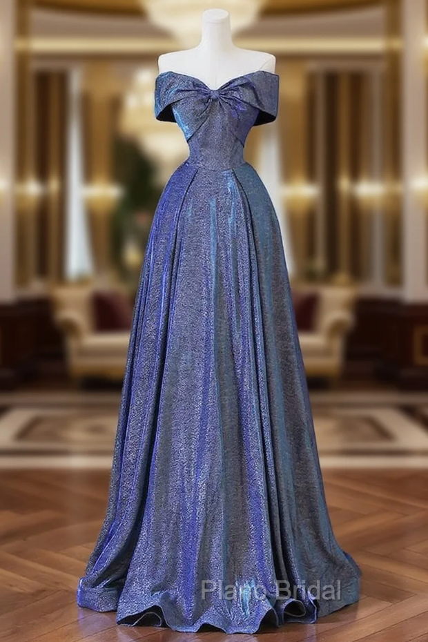 Elegant Deep Blue Bow-neck Pleated Formal Prom Dresses Main image