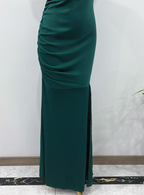 Elegant Deep Emerald Green Mermaid One-Shoulder Ruffled Slit Satin Long Formal Prom Dresses