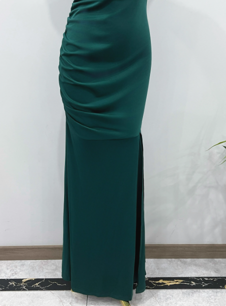 Elegant Deep Emerald Green Mermaid One-Shoulder Ruffled Slit Satin Long Formal Prom Dresses