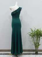 Elegant Deep Emerald Green Mermaid One-Shoulder Ruffled Slit Satin Long Formal Prom Dresses