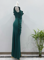 Elegant Deep Emerald Green Mermaid One-Shoulder Ruffled Slit Satin Long Formal Prom Dresses