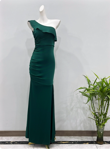 Elegant Deep Emerald Green Mermaid One-Shoulder Ruffled Slit Satin Long Formal Prom Dresses