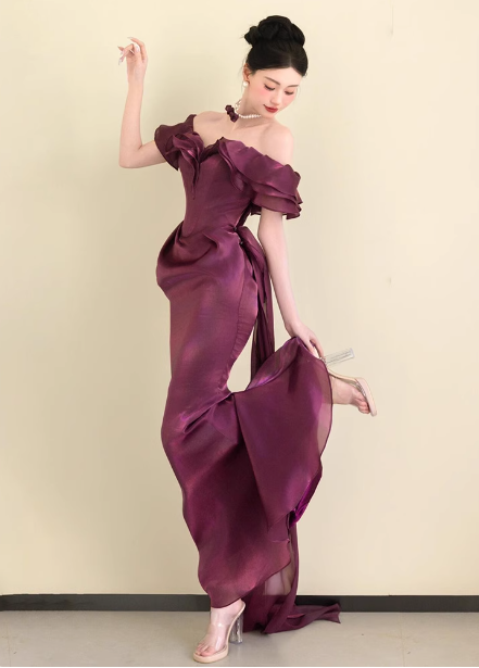 Elegant Deep Fuchsia Mermaid Off-The-Shoulder Ruffled Satin Long Formal Prom Dresses