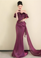 Elegant Deep Fuchsia Mermaid Off-The-Shoulder Ruffled Satin Long Formal Prom Dresses