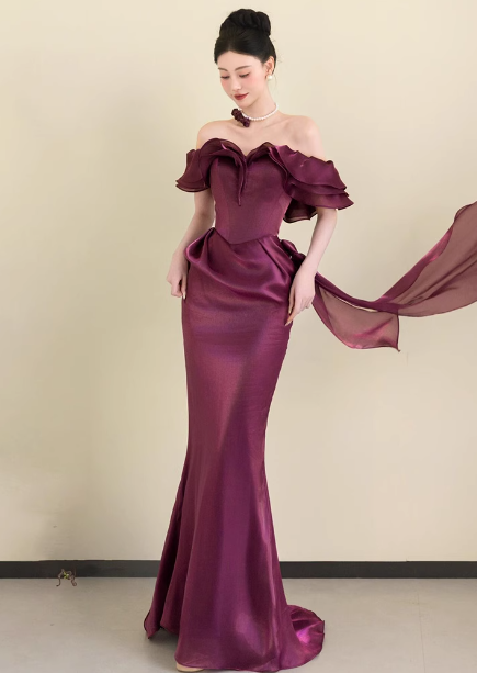 Elegant Deep Fuchsia Mermaid Off-The-Shoulder Ruffled Satin Long Formal Prom Dresses